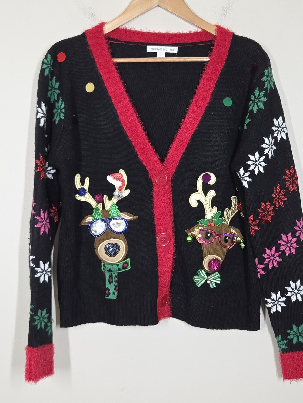 Celebrate Together Reindeer Ugly Christmas Sweater Cardigan L Holiday Novelty